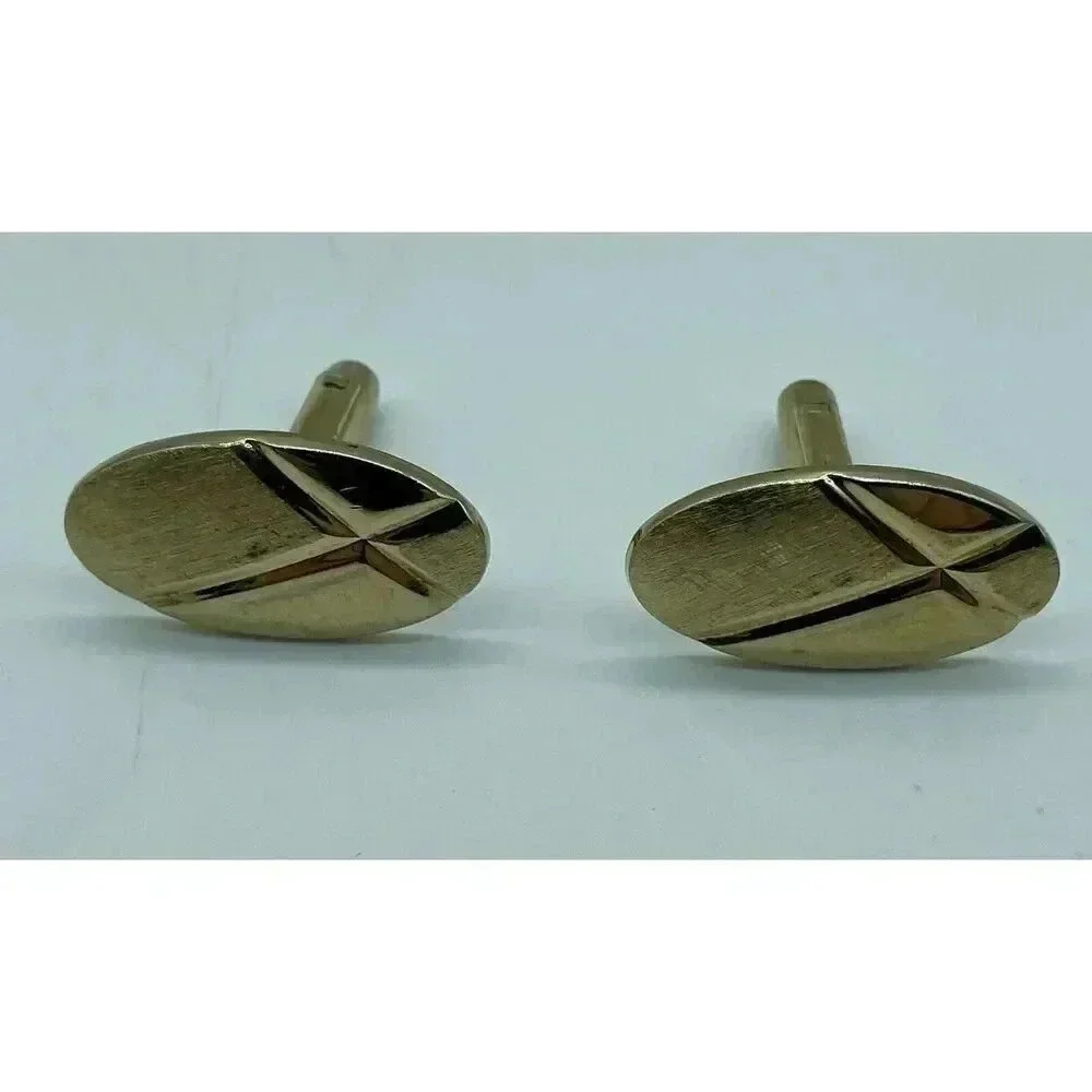 Vintage Cufflinks 50’s Style Oval Brushed Gold Tone Finish With Cross X‎ Design